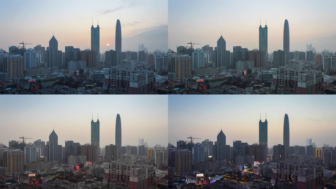 T/L MS深圳金融区天际线从黄昏到夜晚在浓雾霾中的时间流逝/中国广东省深圳市