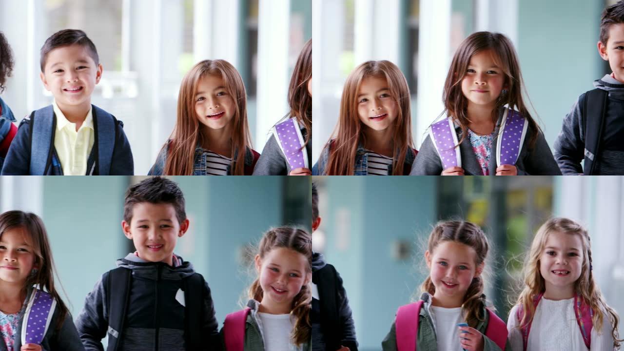 学校外面的学童对镜头微笑