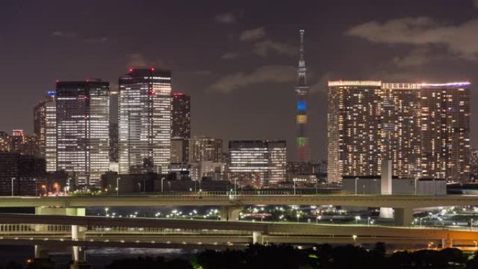 延时: 空中东京彩虹桥与东京晴空塔和日本天空