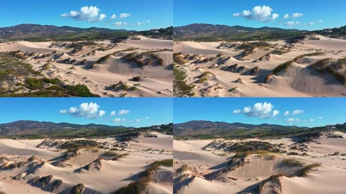 移动的空中无人机镜头: 沙丘，长草和山的沙滩。葡萄牙美丽的令人叹为观止的大自然。远处可见的城市