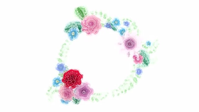 水彩画生长花卉背景花卉，盛开的植物圈框架，圆形标题位置，水色，动画，diy项目，介绍，孤立在白色背景