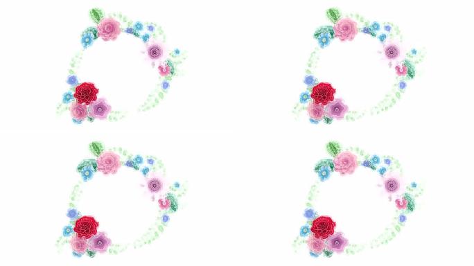 水彩画生长花卉背景花卉，盛开的植物圈框架，圆形标题位置，水色，动画，diy项目，介绍，孤立在白色背景