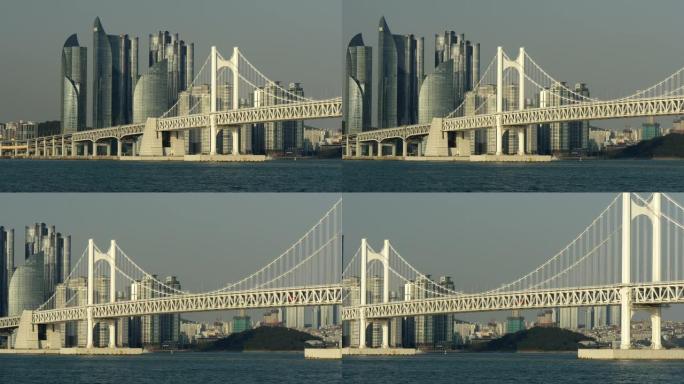 韩国釜山的光安大桥和海云台。缩小效果。
