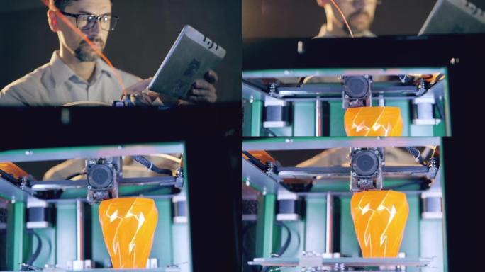一位拥有平板电脑的工程师正在观察3d打印机制作花瓶