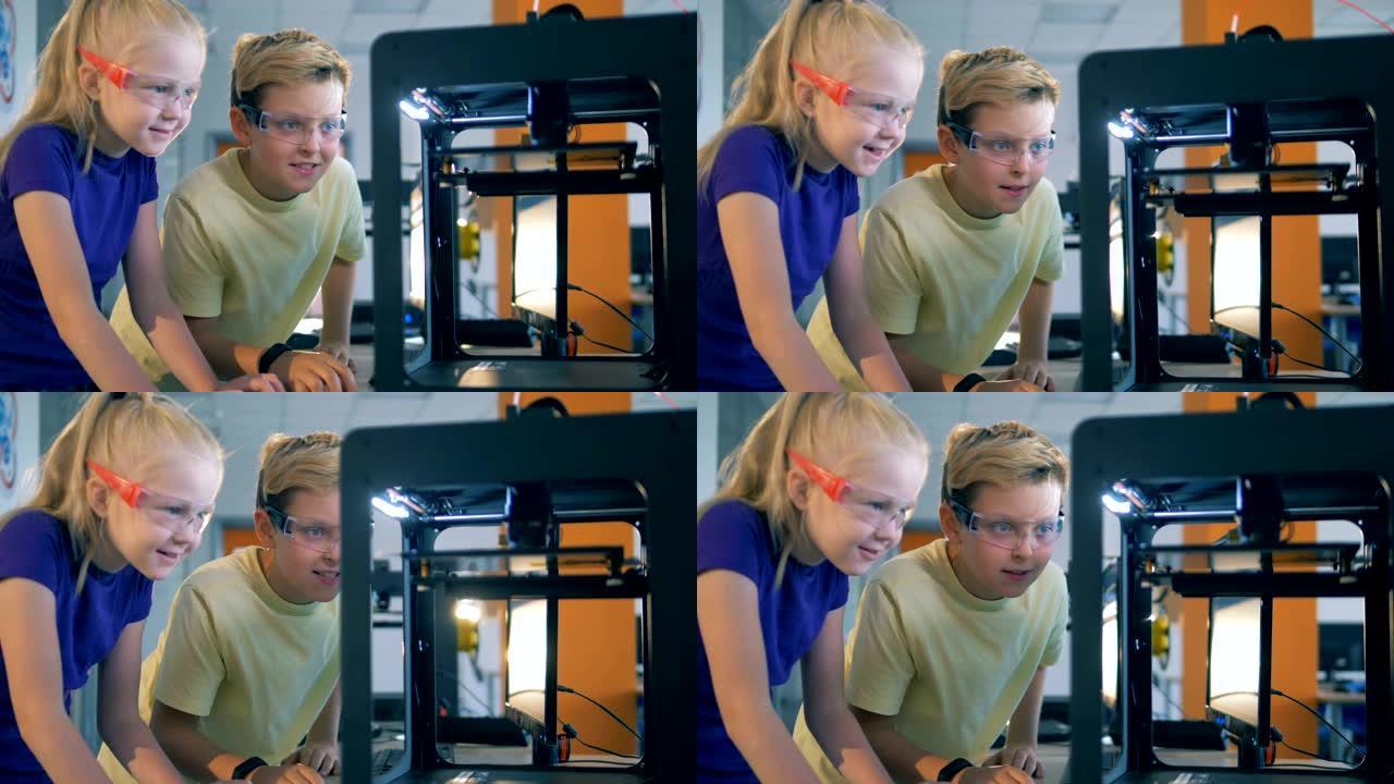 学校实验室里的两个孩子使用现代创新设备工作，特写镜头。