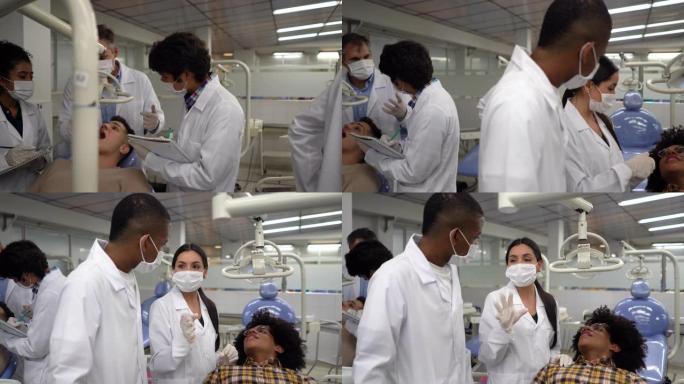 在介绍病例的同时，小组研究患者牙齿健康的学生
