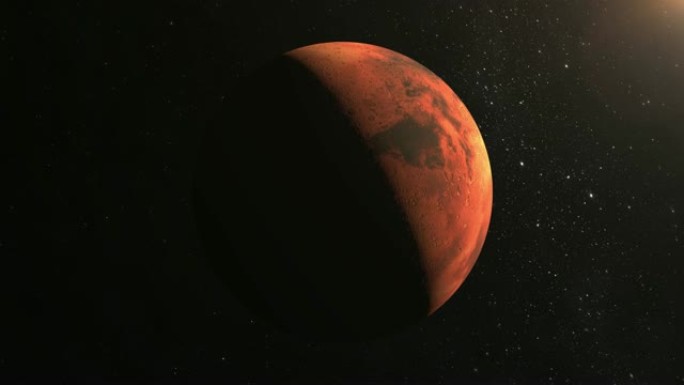 火星行星。相机在火星周围飞行。从太空看。这颗行星被太阳照射到一半。星星闪烁。4K。太阳从右上角照射。