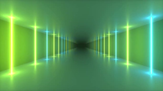 在未来主义走廊，夜光管，激光和线条中进行飞行的抽象无缝循环3D渲染。现代彩色光谱