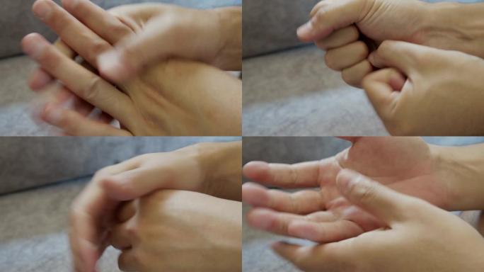特写镜头亚洲男子手部按摩。疼痛，肌肉疼痛，保健概念