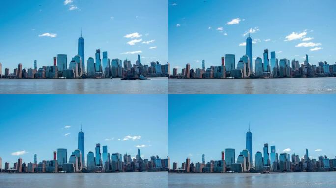 WS Time lapse One世界贸易中心，自由塔和阳光明媚的蓝天下的城市天际线，纽约市，纽约，