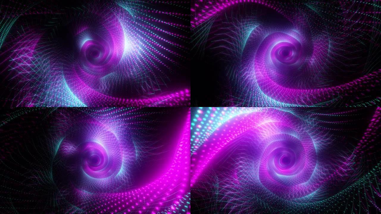 数字空间中的抽象技术飞行。明亮的霓虹灯点形成数据传输隧道。现代紫外线蓝紫色光谱。无缝循环3d渲染