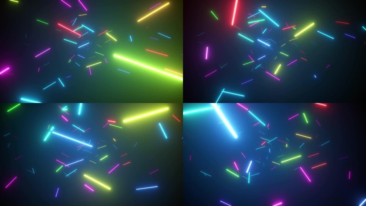 荧光霓虹灯在太空中的无限飞行。现代彩虹光谱。无缝循环3d渲染。