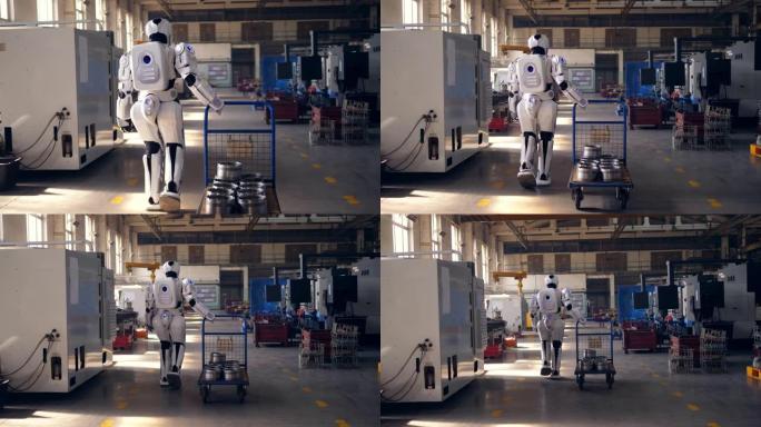 工作机器人拉动金属推车，在设施中行走。