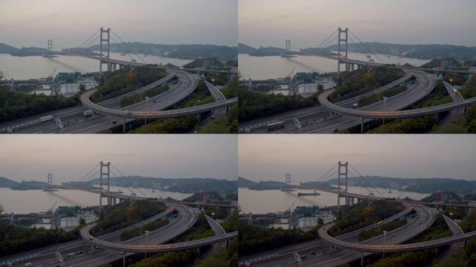 中国香港青衣区马大桥运输的4k分辨率时间流逝。日落