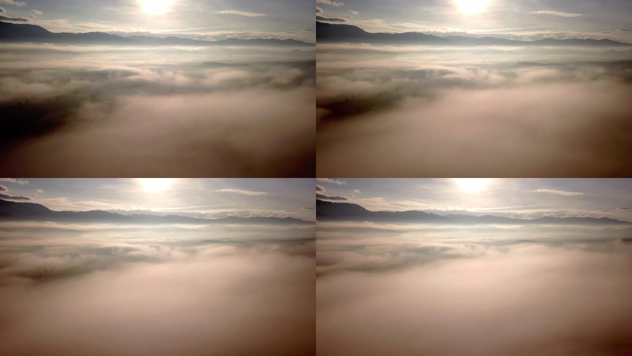 山林日出时间薄雾的空中拍摄
