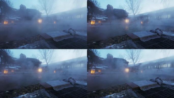 冬天的温泉雾气腾腾泡温泉冬季洗浴