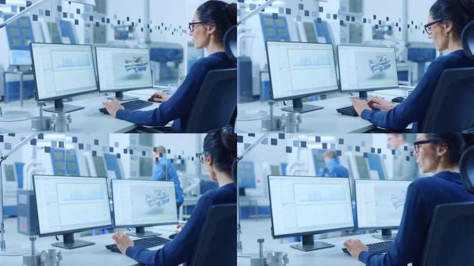 工业女工程师在个人计算机上工作，两个监视器屏幕显示cad软件与新型混合氢发动机的3D原型和图表。拥有