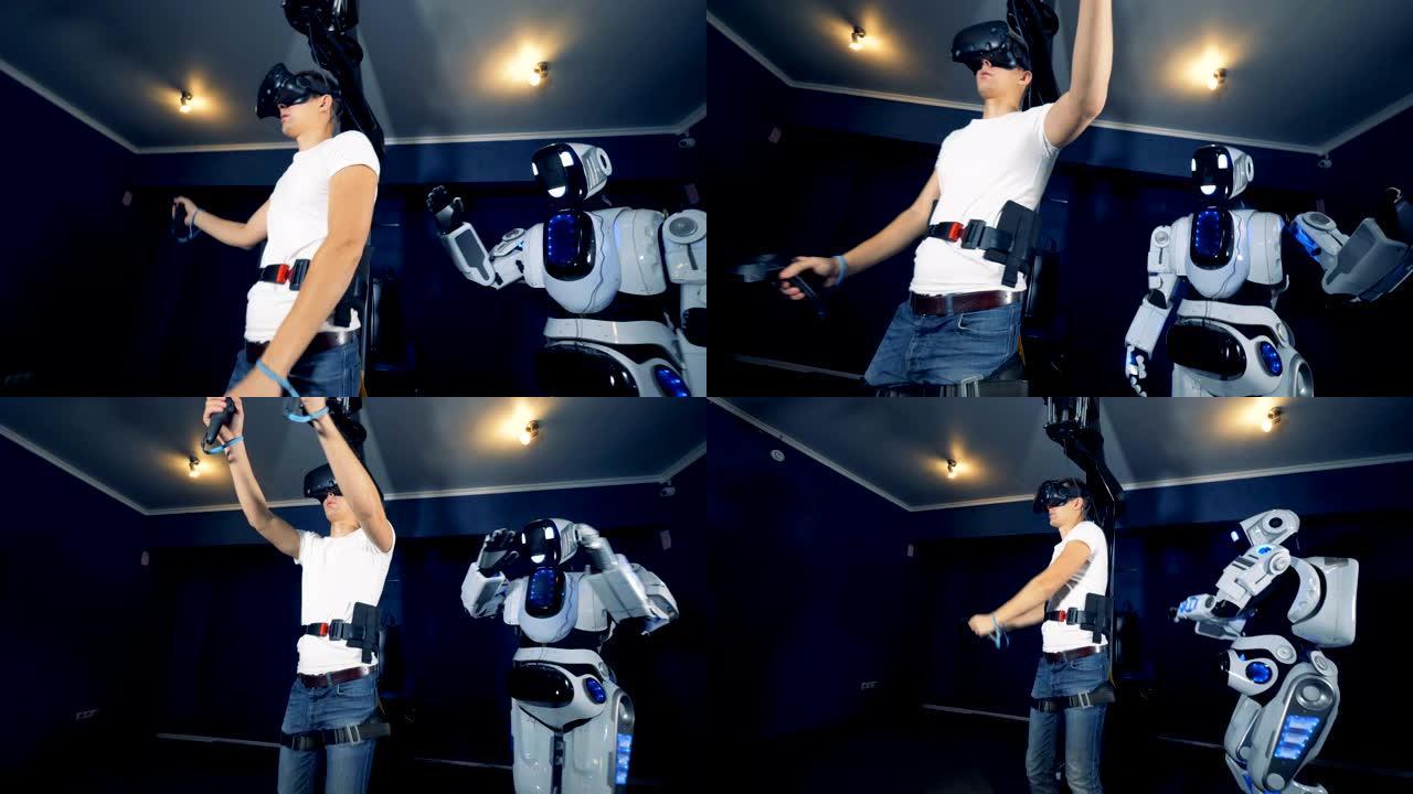 机器人和玩家在VR眼镜中移动，特写。