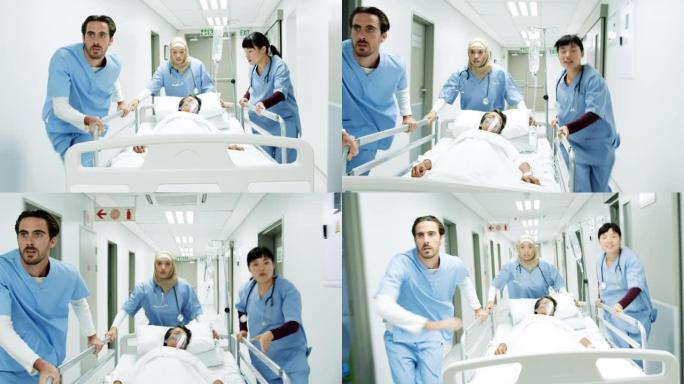 三名医护人员紧急将病床推下走廊4k