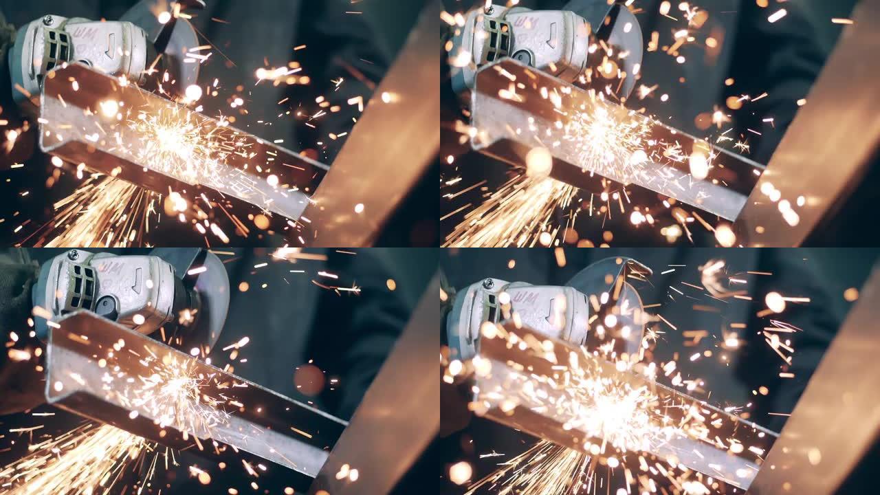 旋转锯的慢动作视频正在切割铁并产生火花