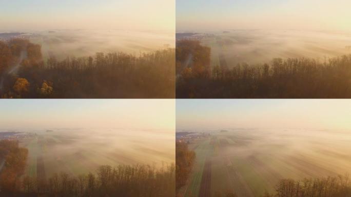 空中晨雾漂浮在乡村上空