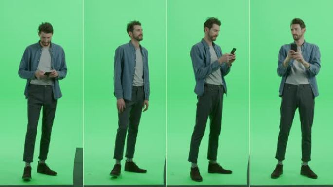4合1绿屏拼贴: 帅哥使用智能手机设备，撰写消息，浏览互联网，进行自拍照和拍照。多角度最佳价值包: 