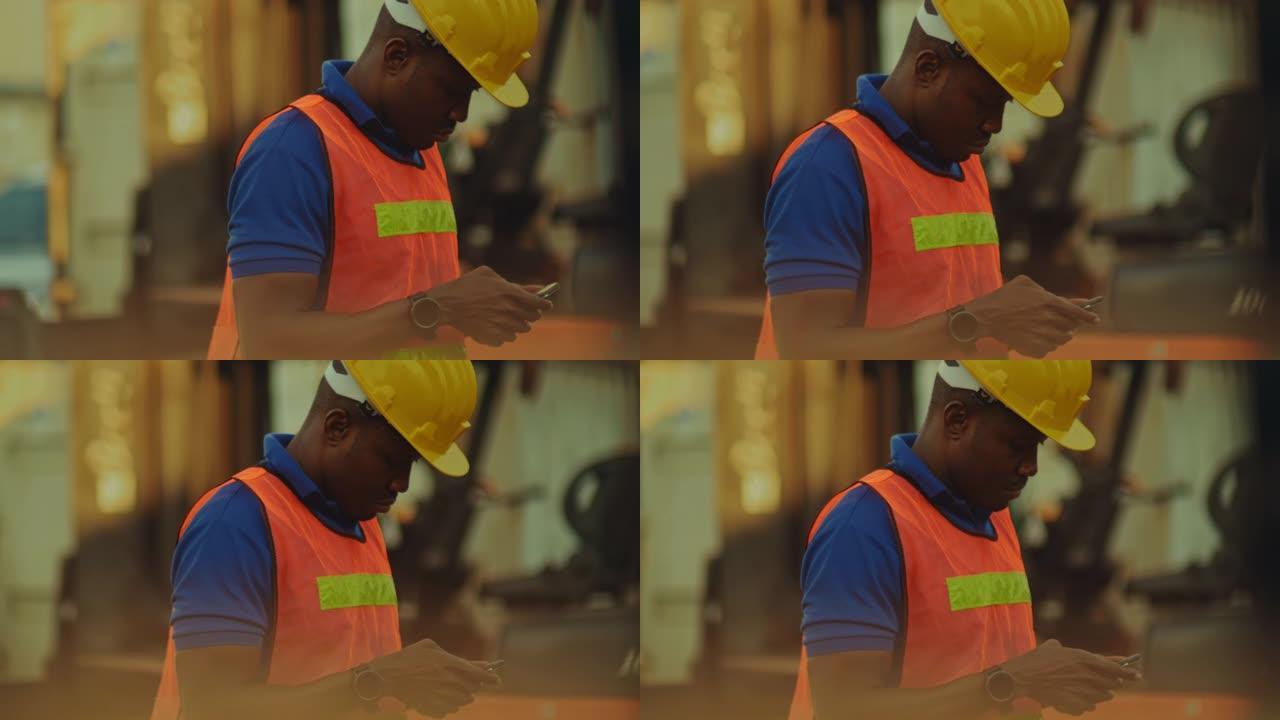 成熟的非洲工人在仓库使用手机
