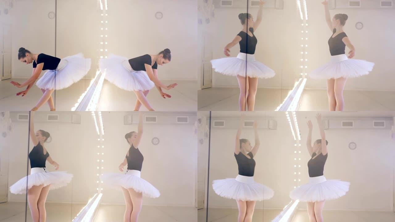 一位芭蕾舞演员在镜子旁跳舞，特写。