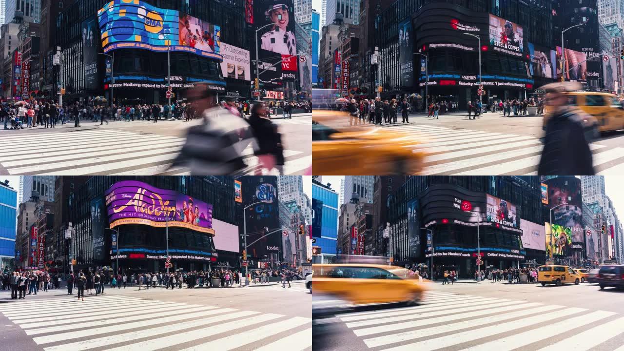 4k人群匿名游客步行和参观美国纽约时代广场地区的时间流逝