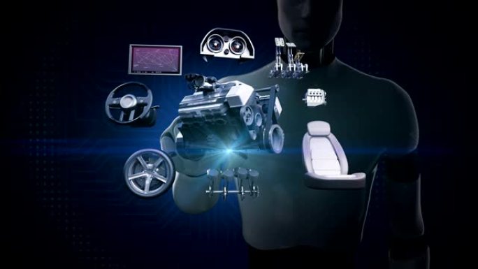 机器人，机器人触摸电子，混合动力电池汽车。拆卸的汽车零件。环保未来汽车。发动机、座椅、仪表板、导航。