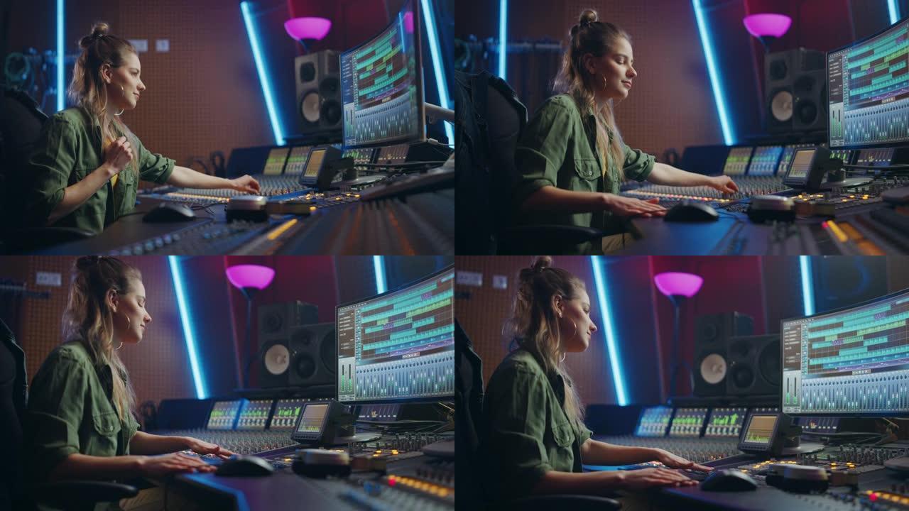 在音乐录音室工作的美丽，时尚的女性音频工程师和制作人，使用混音板和软件来创作酷歌。创意女孩艺术家音乐