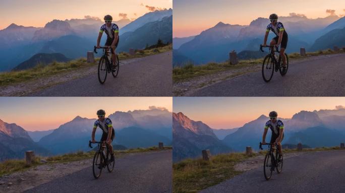 日落时在风景优美的路线上骑自行车，背景是山脉