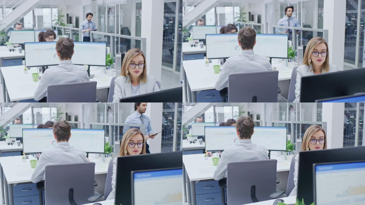 在繁忙的办公室中，各行各业的专业人员在台式计算机上工作，交谈，做客户支持，与客户沟通，监控统计数据，