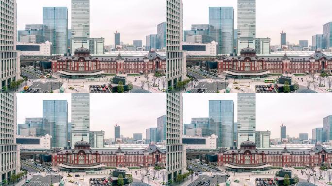 日本东京市各种建筑城市景观和交通道路的东京站和丸之内4k延时鸟瞰图。日本文化与交通理念