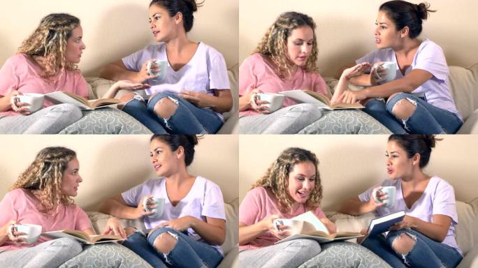 西班牙裔姐妹在家放松，阅读，辩论