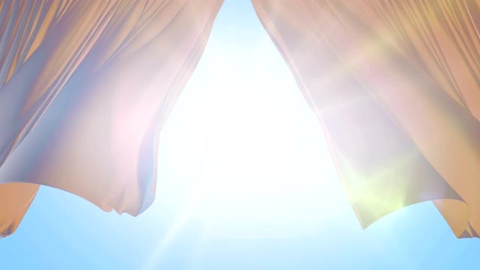 阳光照耀着在风中飘扬的光丝窗帘。太阳光线穿过窗帘的3d动画。