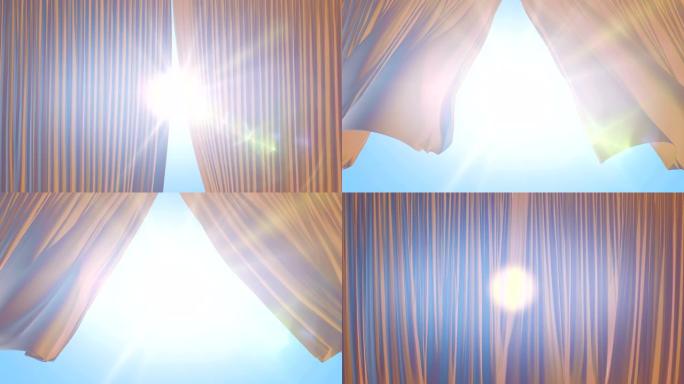 阳光照耀着在风中飘扬的光丝窗帘。太阳光线穿过窗帘的3d动画。