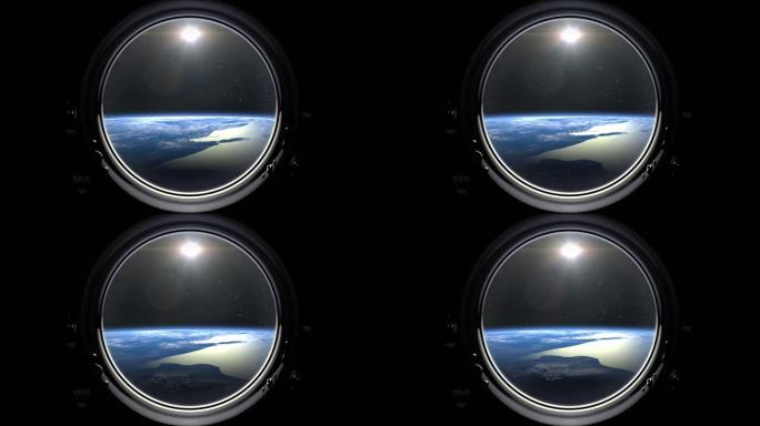 从国际空间站的窗户看到的地球。空间站的飞行。地球向后旋转。现实的氛围。体积云。从太空看。星空。4K。