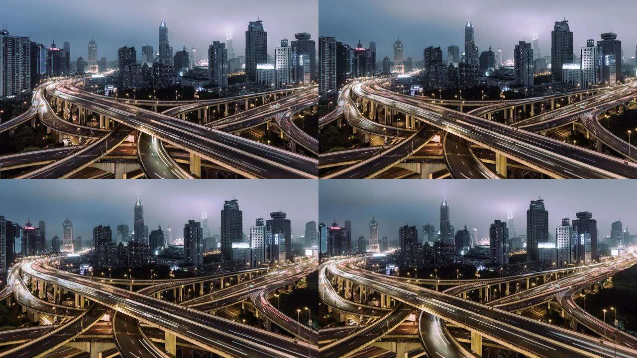 高峰时段，从白天到晚上/中国上海，过桥和城市交通的T/L PAN鸟瞰图