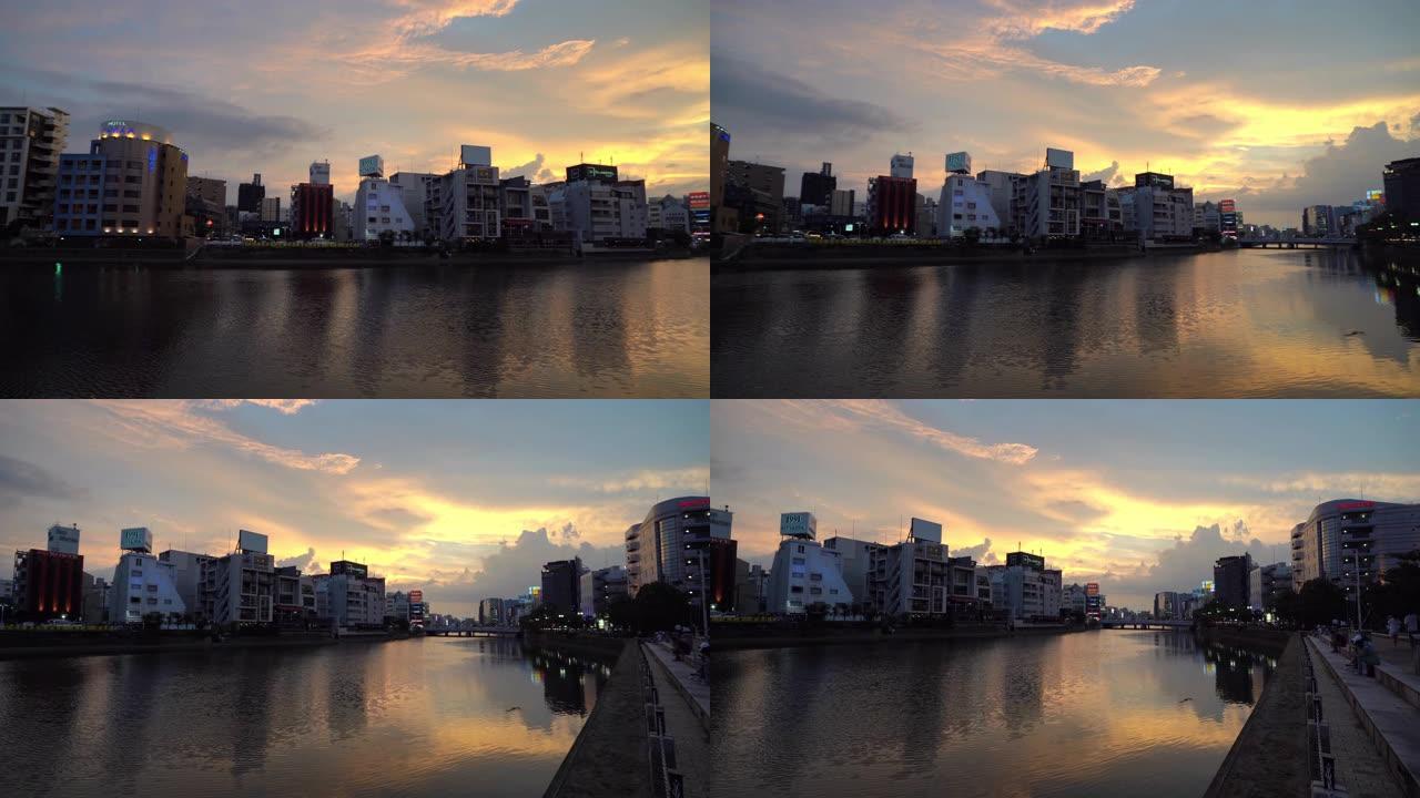 平移镜头: 日本中川和中川川的福冈老城。