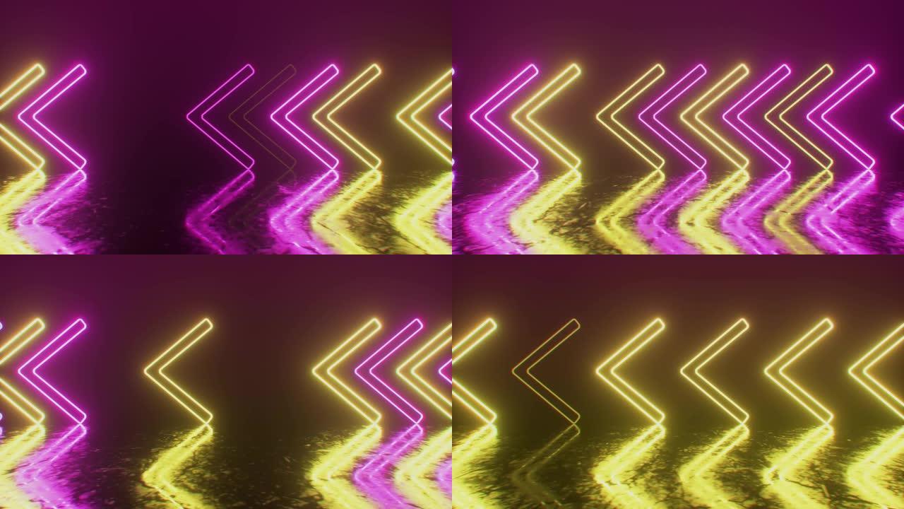 金属表面上明亮的霓虹灯箭头指示运动方向。抽象激光背景。无缝循环3d渲染