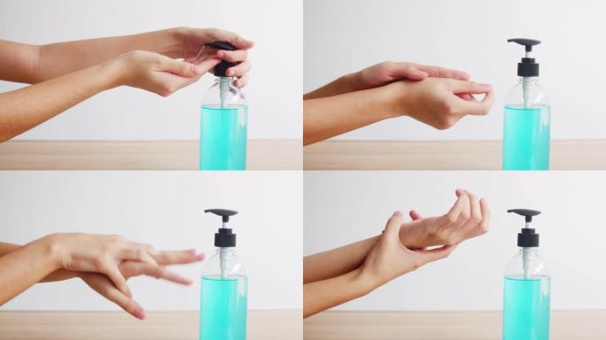 亚洲女性使用酒精凝胶洗手液洗手保护冠状病毒。