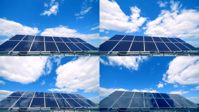 几个太阳能电池板在屋顶上工作，关闭。环境友好型能源概念。