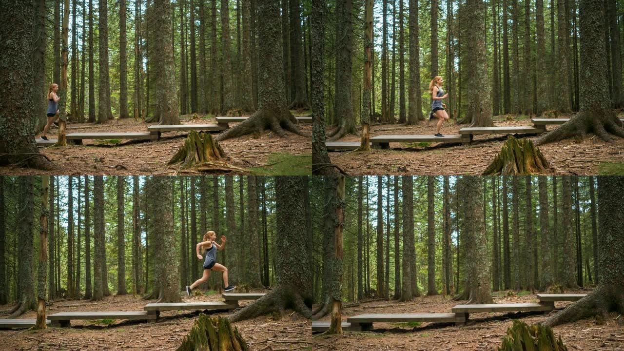 运动中的女性保持身材锻炼，在大自然中慢跑
