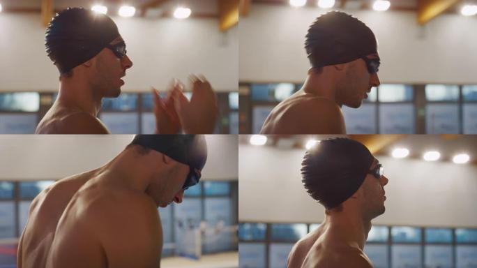 谷歌职业游泳运动员的肖像对他在游泳池的成绩感到满意。