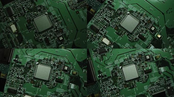 专注于微芯片，CPU处理器。绿色印刷电路板，带组件的计算机主板: 电子设备内部，超级计算机的一部分。