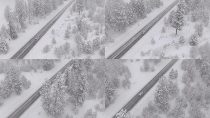 穿越华盛顿的公路旅行中的无人机游客陷入了强烈的暴风雪中