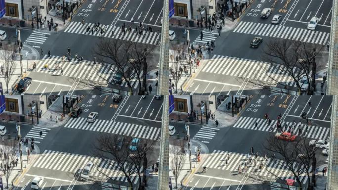 行人的4k时间流逝人群未定义的人步行立交桥在日本银座东京市的街道交叉路口。日本文化与高档购物区概念