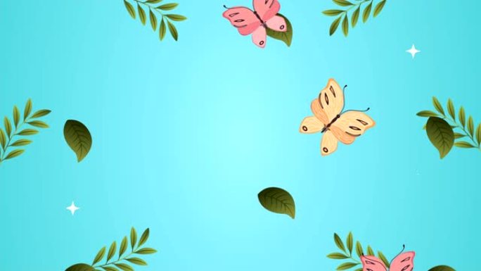 美丽的叶子花园和蝴蝶飞行动画