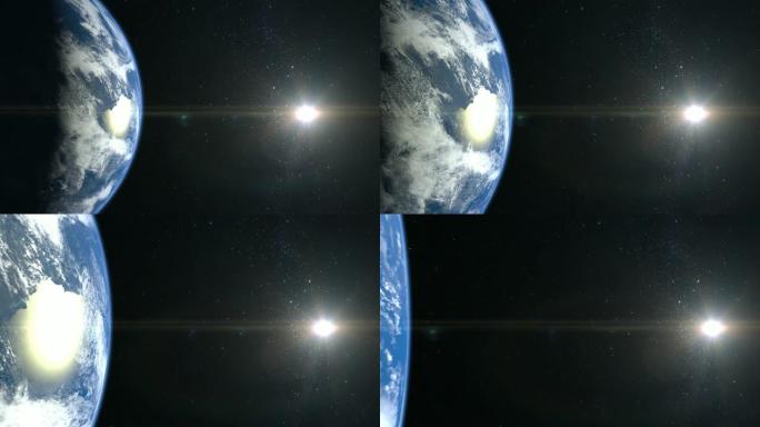 来自太空的地球。摄像机在地球附近向前飞行。星星闪烁。飞越地球。4K。地球缓慢旋转。现实的氛围。3D体
